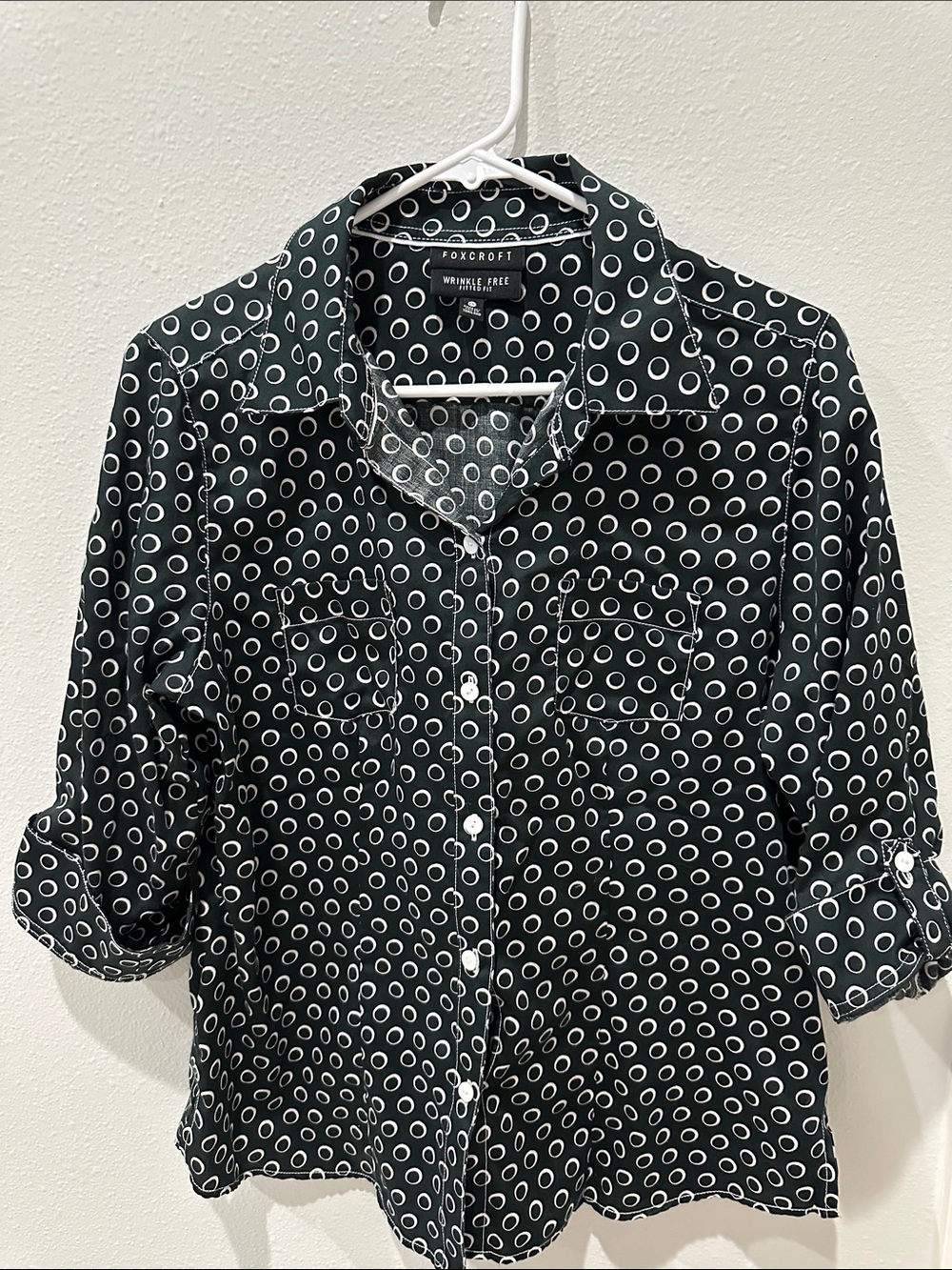 Foxcroft Black Shirt with White Polka Dot Pattern